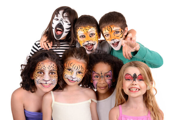 Children's group with animal face-paint isolated in white
