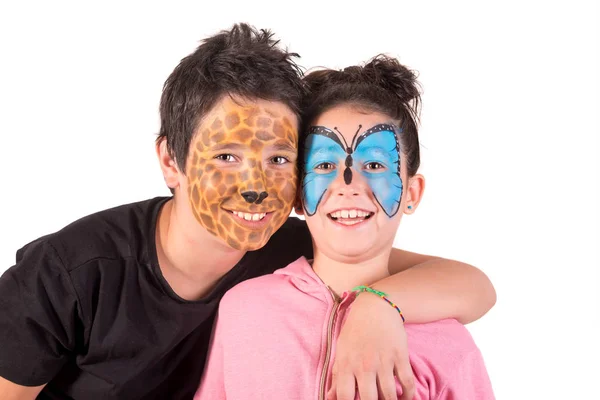 Pareja Niños Con Pintura Facial Animal Aislada Blanco — Foto de Stock