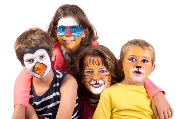 Grupo Niños Abuela Todos Con Pintura Facial Animal Aislada Blanco —  Fotos de Stock