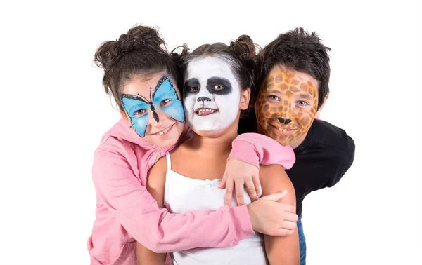 Grupo Infantil Com Pintura Facial Animal Isolada Branco — Fotografia de Stock