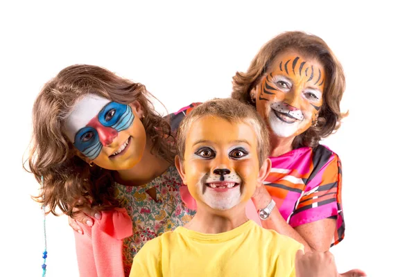 Children Group Grandmother All Animal Face Paint Isolated White — Stock Photo, Image