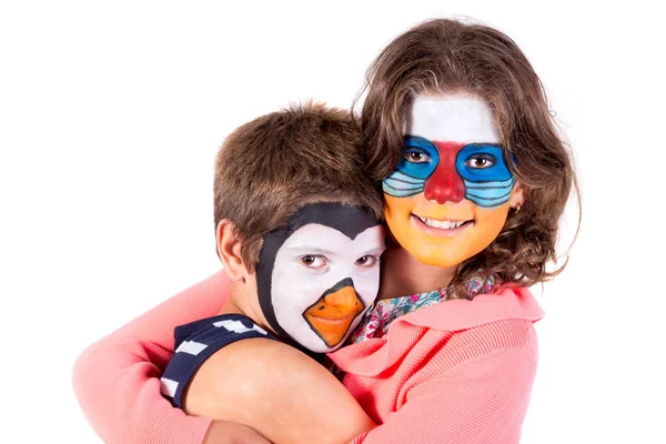 Pareja Niños Con Pintura Facial Animal Aislada Blanco —  Fotos de Stock