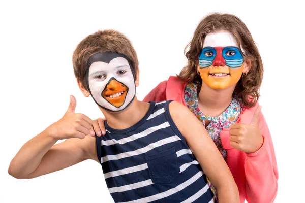 Enfants Avec Peinture Visage Isolée Blanc — Photo