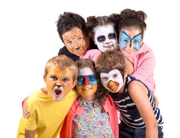 Grupo Niños Con Pintura Facial Animal Aislada Blanco —  Fotos de Stock