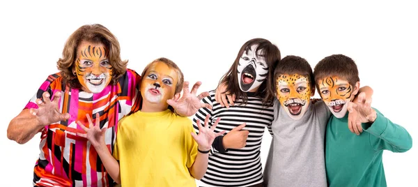 Grupo Niños Abuela Todos Con Pintura Facial Animal Aislada Blanco —  Fotos de Stock