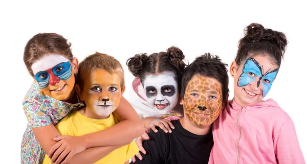 Hayvani Yüz Boyası Olan Çocuklar Beyazlar Içinde Izole Edilmiş — Stok fotoğraf
