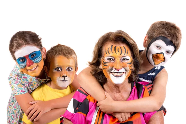 Children Group Grandmother All Animal Face Paint Isolated White — стоковое фото