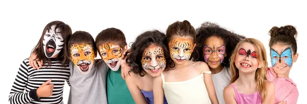 Grupo Niños Con Pintura Facial Animal Aislada Blanco —  Fotos de Stock