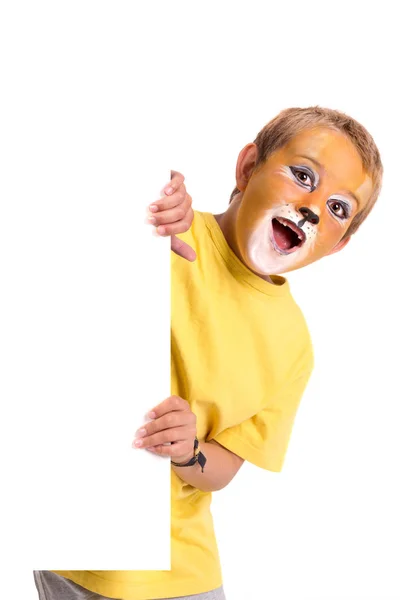 Niño Con Cara Animal Pintada Sobre Una Pizarra Blanca Aislada — Foto de Stock