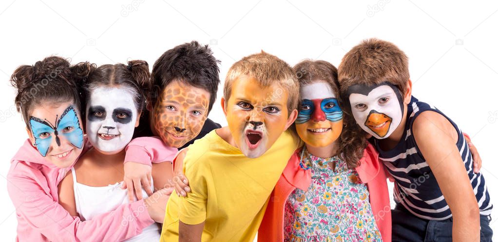 Children's group with animal face-paint isolated in white