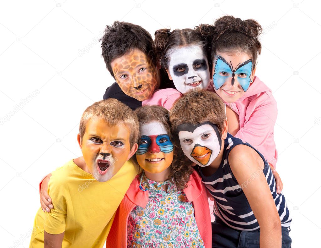 Children's group with animal face-paint isolated in white