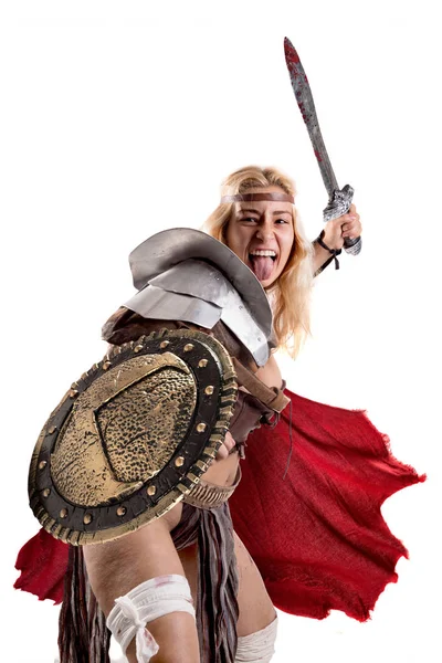 Ősi Női Harcos Vagy Gladiátor Elszigetelt Fehér — Stock Fotó