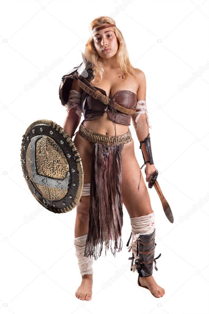 Ancient woman warrior or Gladiator isolated in white