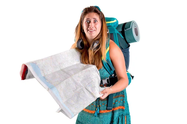 Hiker Girl Backpack Map Isolated White Trekking Travel Lifestyle Concept — Stock Photo, Image