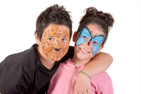 Children Couple Animal Face Paint Isolated White — стоковое фото