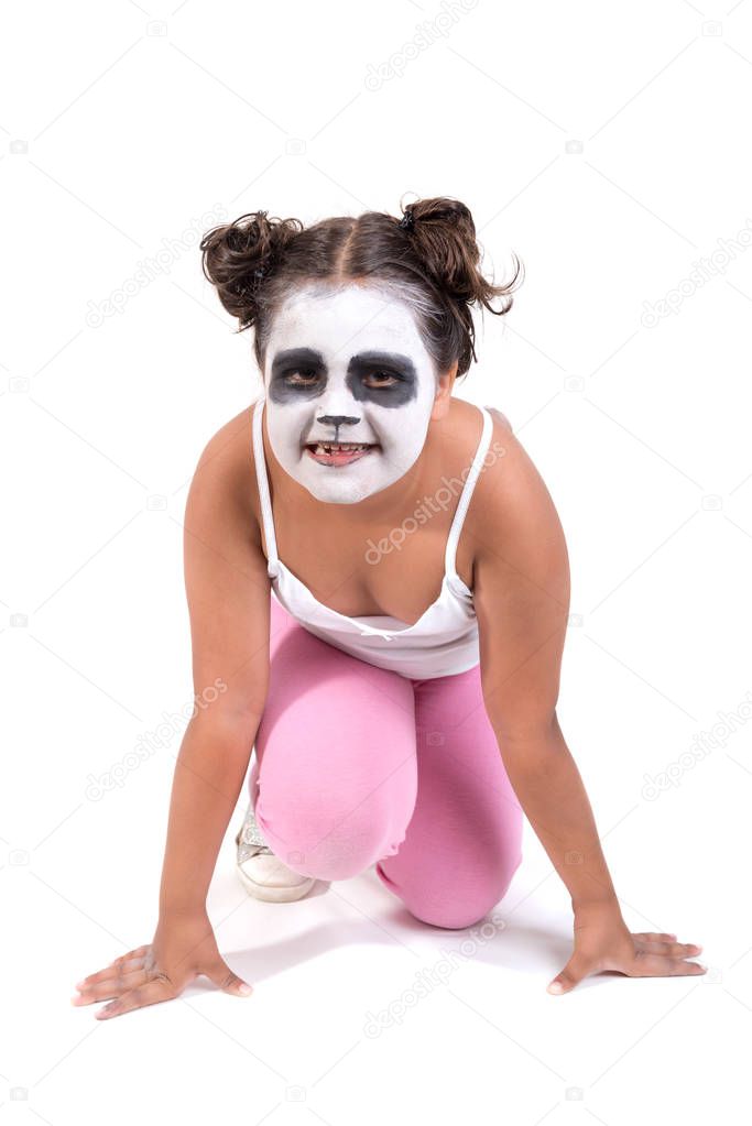 Girl with animal face-paint isolated in white