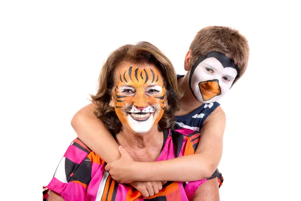 Child Grandmother Animal Face Paint Isolated White — Stock Photo, Image