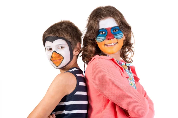 Pareja Niños Con Pintura Facial Animal Aislada Blanco — Foto de Stock