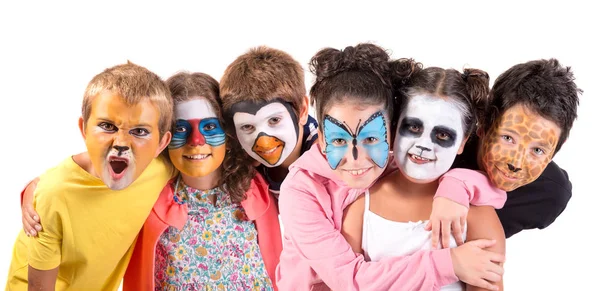 Grupo Niños Con Pintura Facial Animal Aislada Blanco — Foto de Stock