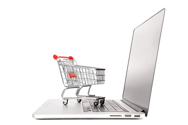 Laptop Small Shopping Cart Isolated White — Stockfoto