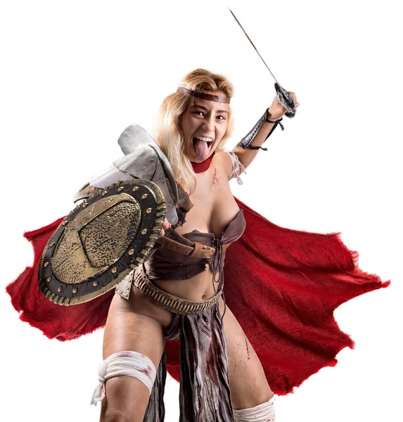 Forntida Kvinna Krigare Eller Gladiator Isolerad Vitt — Stockfoto