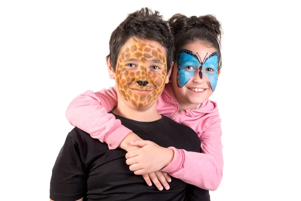 Children Couple Animal Face Paint Isolated White — стоковое фото