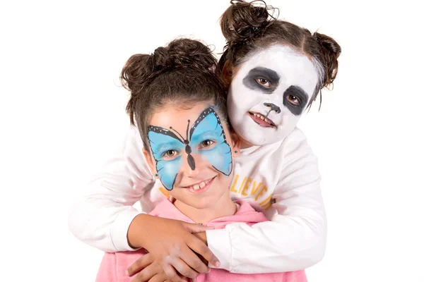 Kinderen Met Dierlijke Gezichtsverf Geïsoleerd Wit — Stockfoto