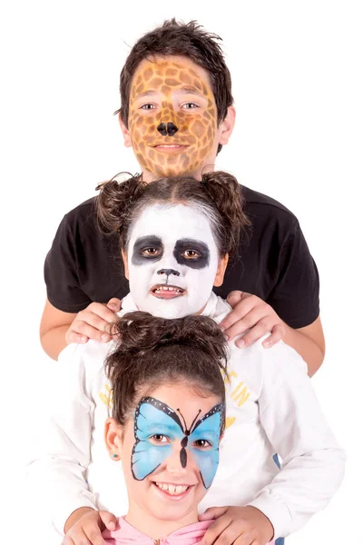 Children\'s group with animal face-paint isolated in white
