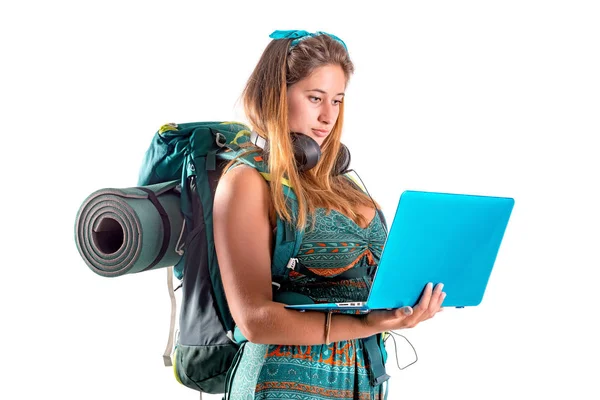 Hiker Girl Laptop Computer Isolated White Trekking Travel Lifestyle Concept — Stock Photo, Image