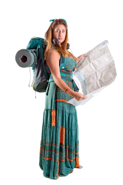 Menina Caminhante Com Mochila Mapa Isolado Branco Trekking Conceito Estilo — Fotografia de Stock