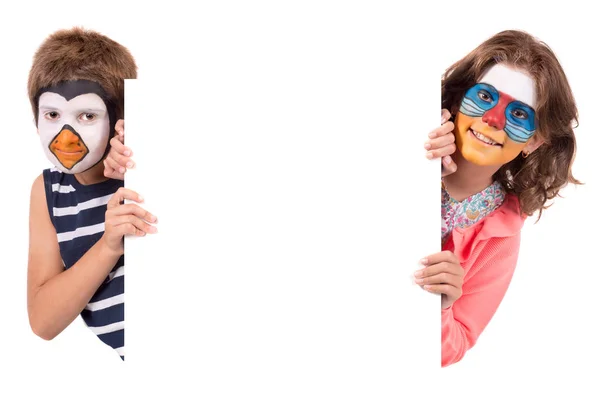 Children Couple Animal Face Paint Isolated White — Stock Photo, Image