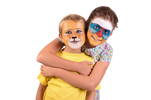 Pareja Niños Con Pintura Facial Animal Aislada Blanco — Foto de Stock