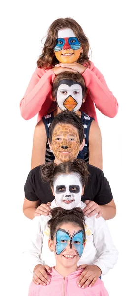 Grupo Niños Con Pintura Facial Animal Aislada Blanco — Foto de Stock