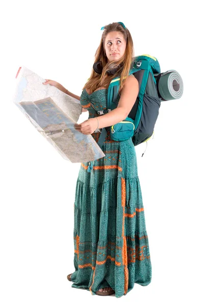 Girl tourist with backpack and map — Stock Photo, Image