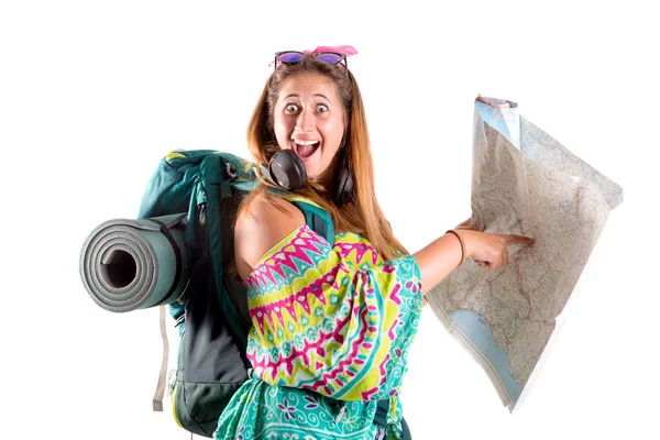 Touriste fille avec sac à dos et carte — Photo