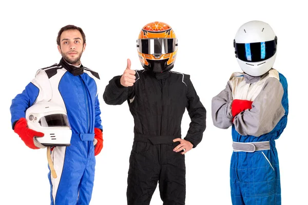 Pilotos Carreras Posando Con Cascos Aislados Blanco — Foto de Stock