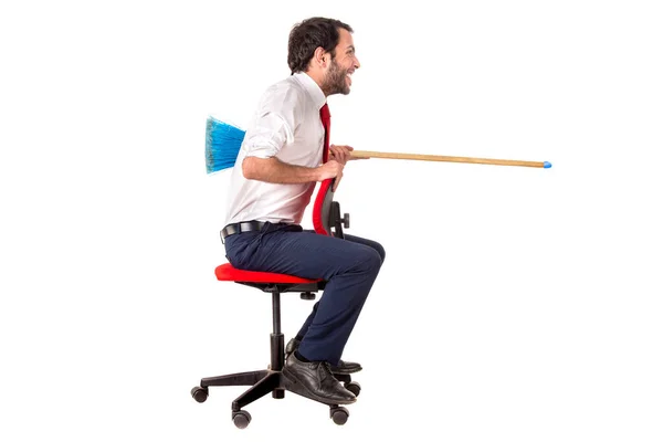 Worker Chair Jousting Broom Isolated White — Stock Photo, Image