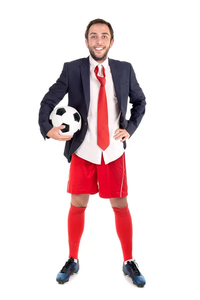 白で隔離されたポーズサッカーボールを持つビジネスマン — ストック写真