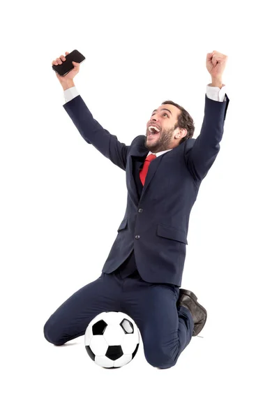 Homme Affaires Avec Ballon Football Téléphone Célébrant Isolé Blanc — Photo