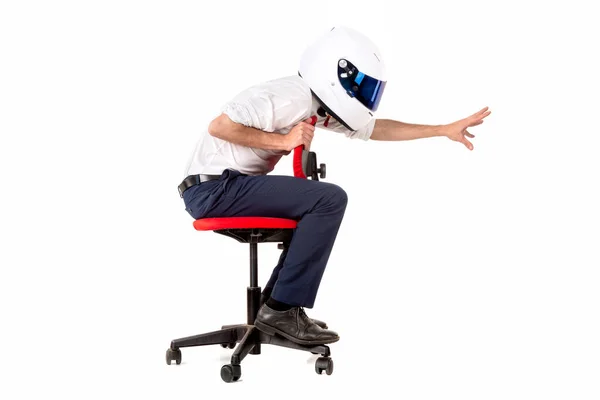 Businessman Racing Chair Helmet Isolated White — Stock Photo, Image