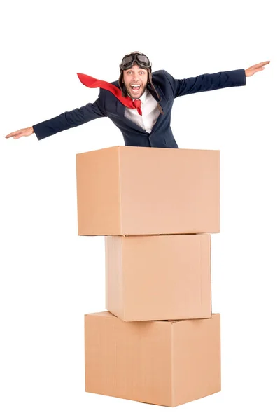 Businessman Tablet Flying Carboard Boxes Isolated White — Stock Photo, Image