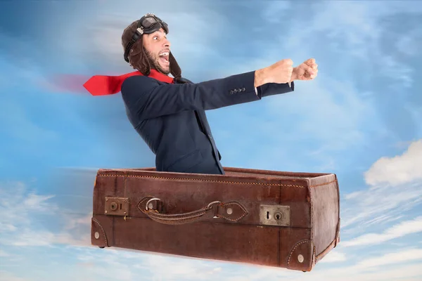 Businessman Flying Old Suitcase Skies — Stock Photo, Image