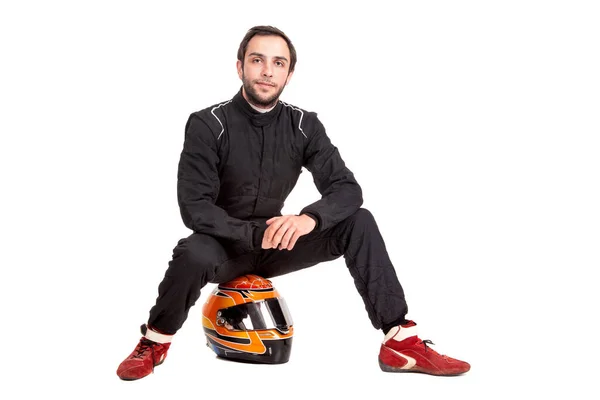 Racing Driver Posing Helmet Isolated White — Stock Photo, Image