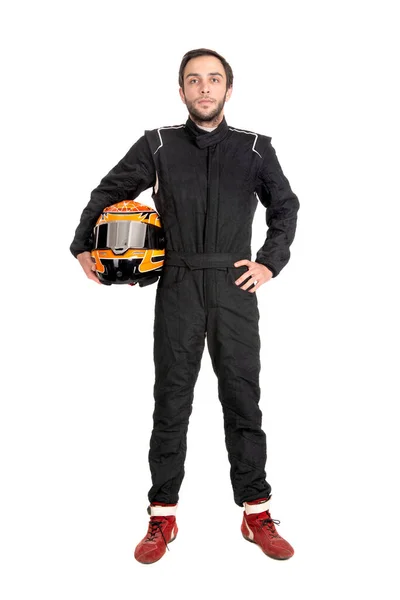Rennfahrer Posiert Mit Helm Weiß — Stockfoto