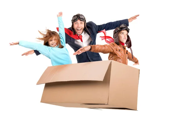 Man Kids Playing Flying Carboard Box Isolated White — Stock Photo, Image