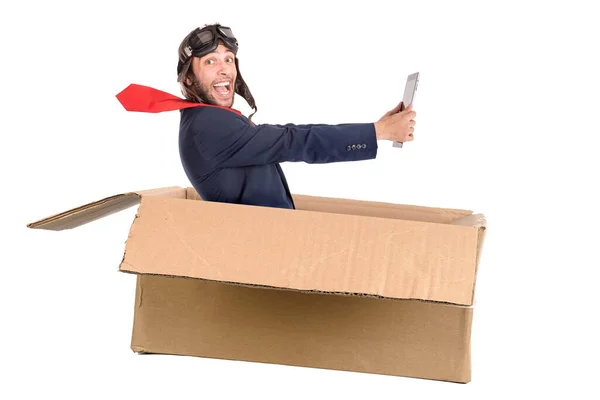 Businessman Tablet Flying Carboard Box Isolated White — Stock Photo, Image