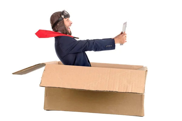 Businessman Tablet Flying Carboard Box Isolated White — Stock Photo, Image