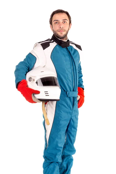 Racing Driver Posing Helmet Isolated White — Stock Photo, Image