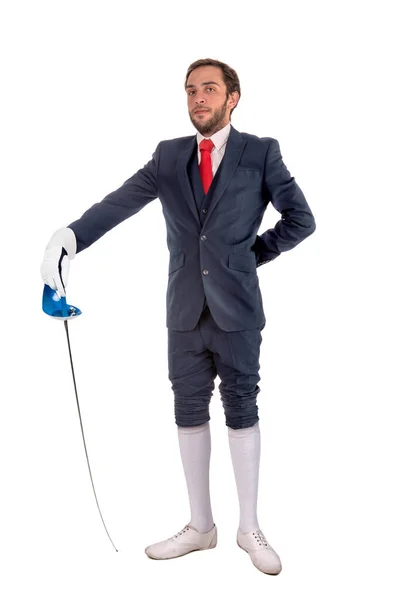 Man Fencer Zakenman Klaar Voor Een Duel Geïsoleerd Witte Achtergrond — Stockfoto