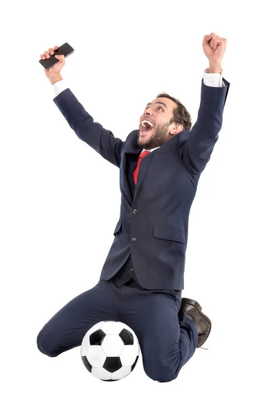 Empresario Con Pelota Fútbol Celebrando Aislado Blanco —  Fotos de Stock